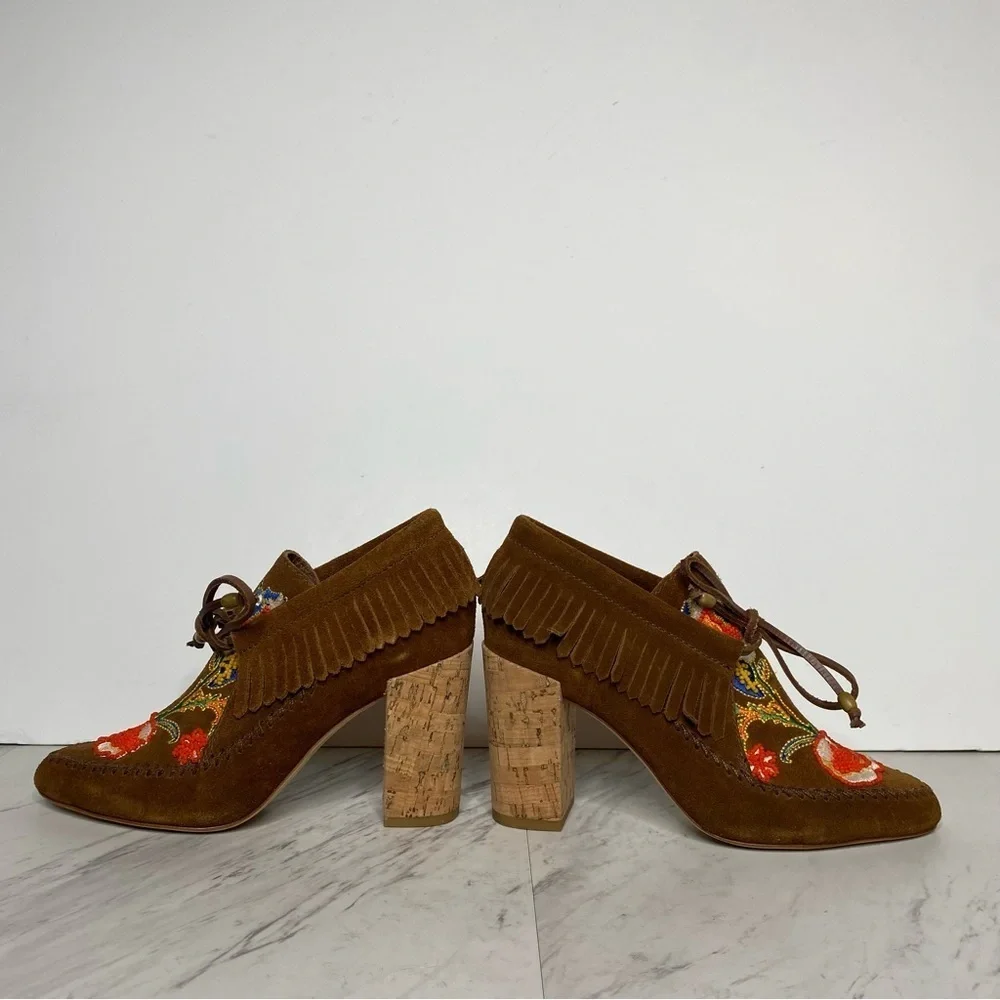 New! Tory Burch Huntington Fringe Brown Leather Heeled Bootie 6M